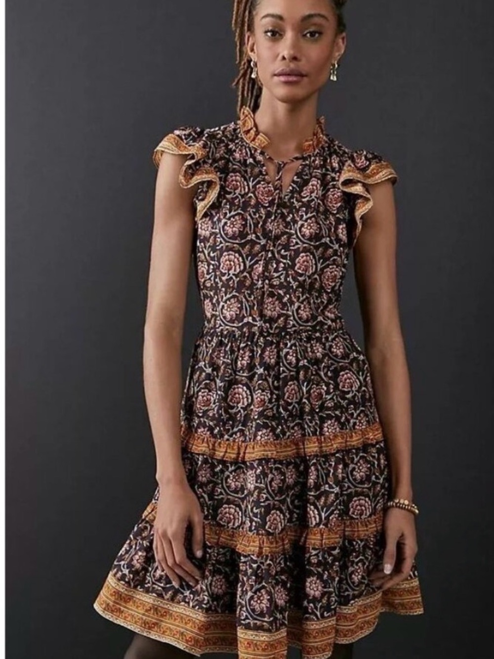 Anthropologie Black Floral Tiered Dress with Rust Trim